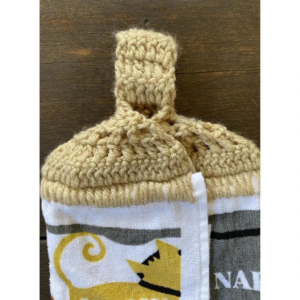 Crochet Top COLORFUL CATS Animal Print Hanging Kitchen Dish Towel Cat Button